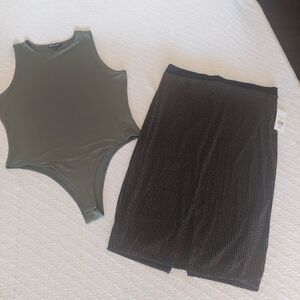 Olive Green Bodysuit and Black Striped Skirt Set